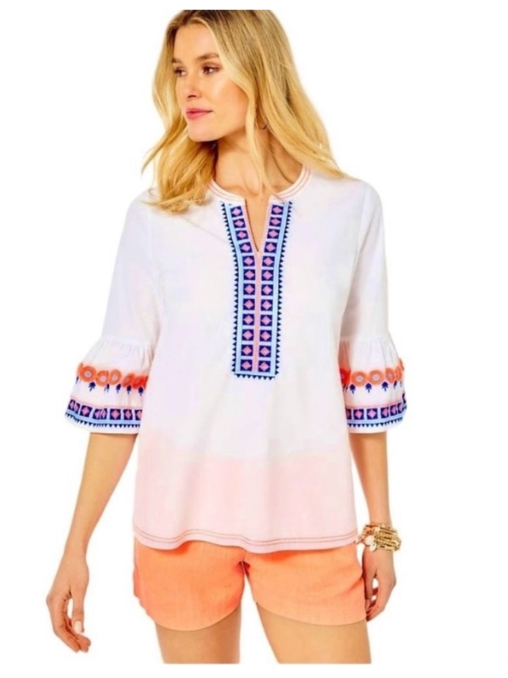 Lilly Pulitzer Rissa White & Coral Embroidered Tunic Top